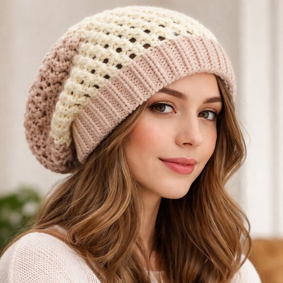 Handmade Slouchy Crochet Beanie Ombre Cream Rose Boho Unisex Cozy Winter Hat ✨ - Picture 10 of 10